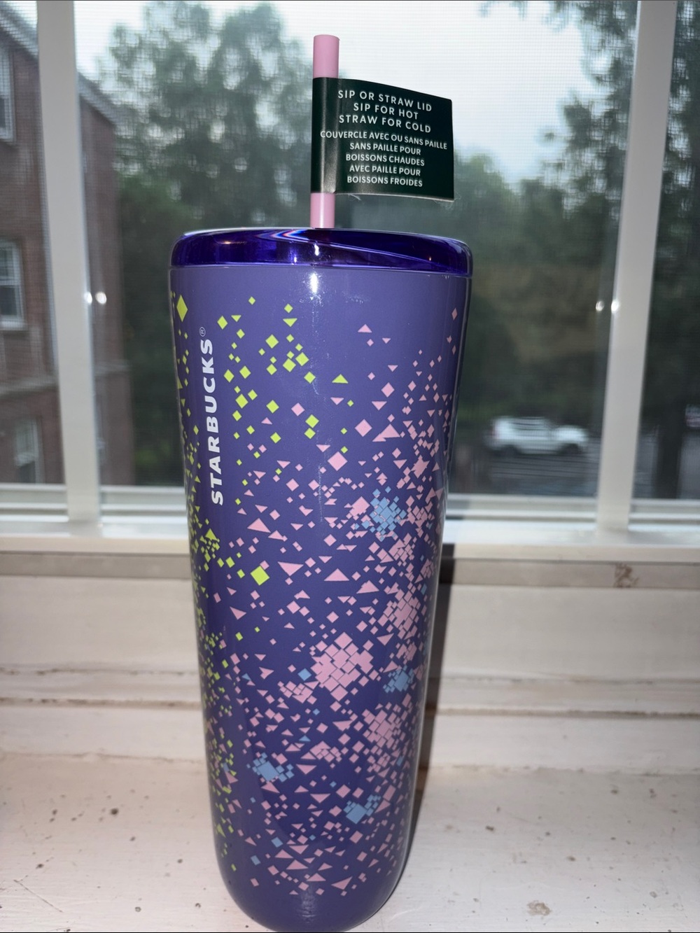 Starbucks Purple Tumbler with Pink Straw and Lime Pixel Accents